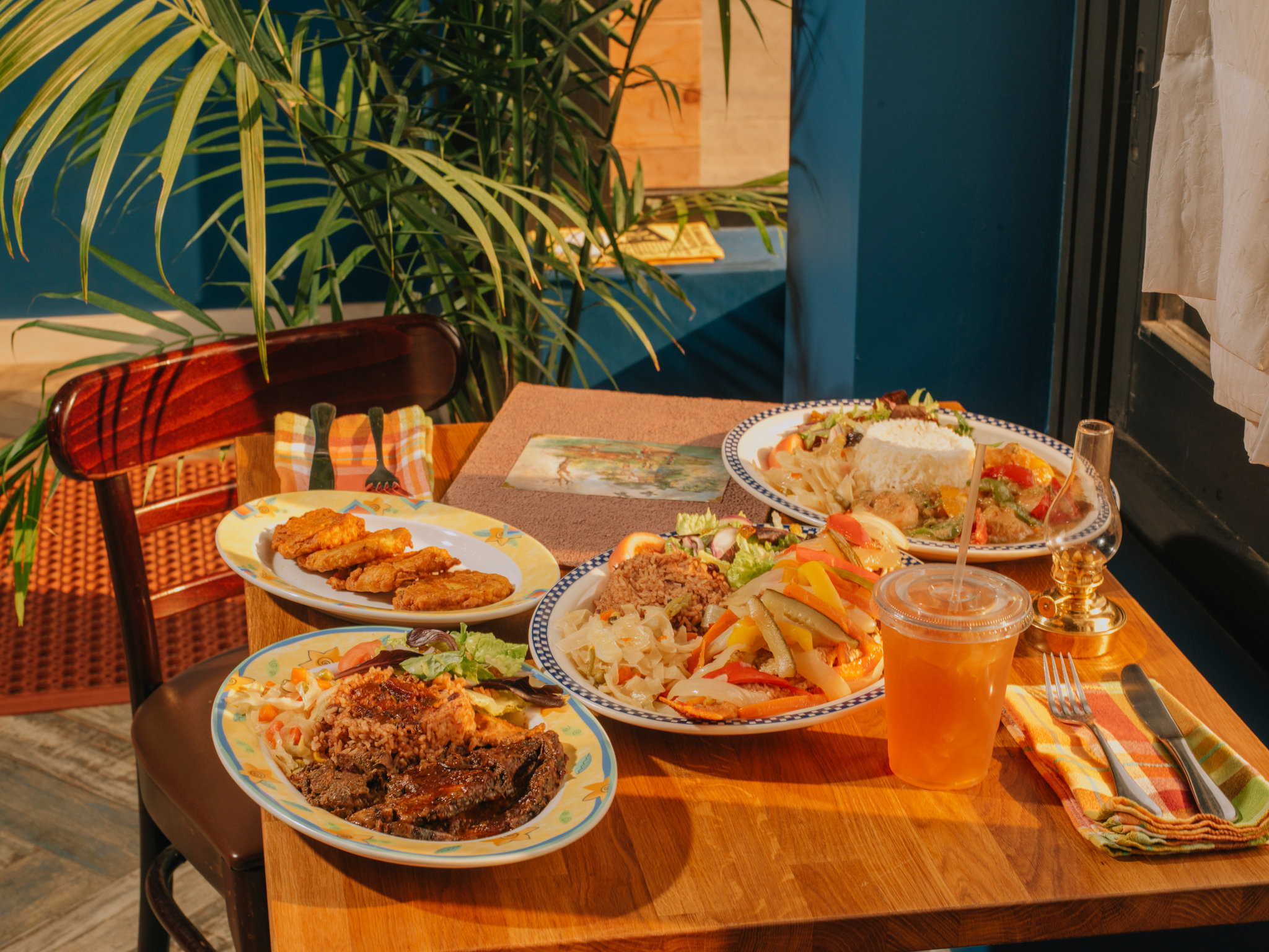 Caribbean food on plates on a table